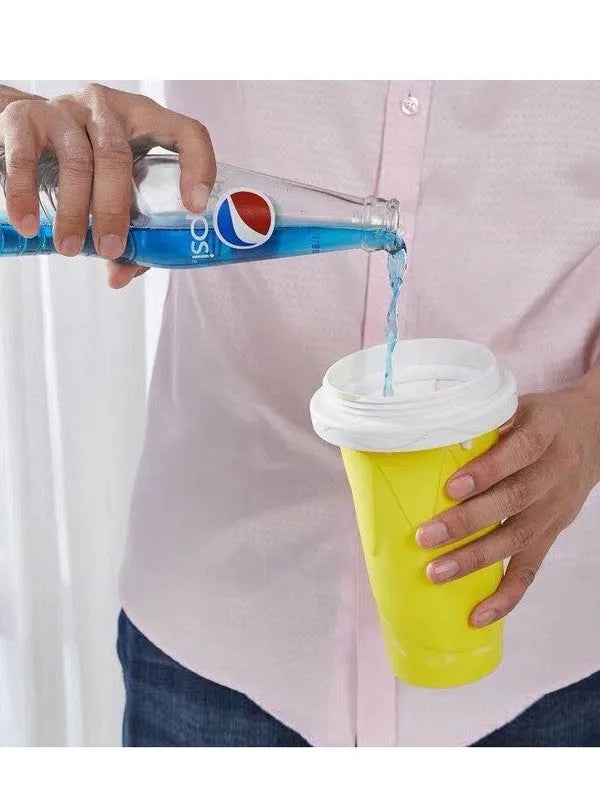 Blue quick refrigeration pinch cup showing cylindrical shape and pinch activation mechanism for beverage cooling