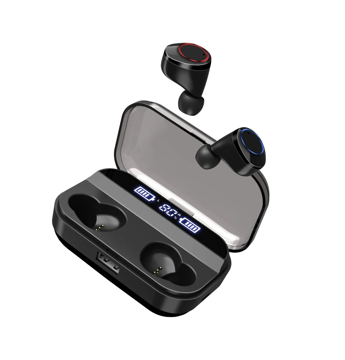 Black X11 Bluetooth wireless earbuds with charging case and silicone ear tips