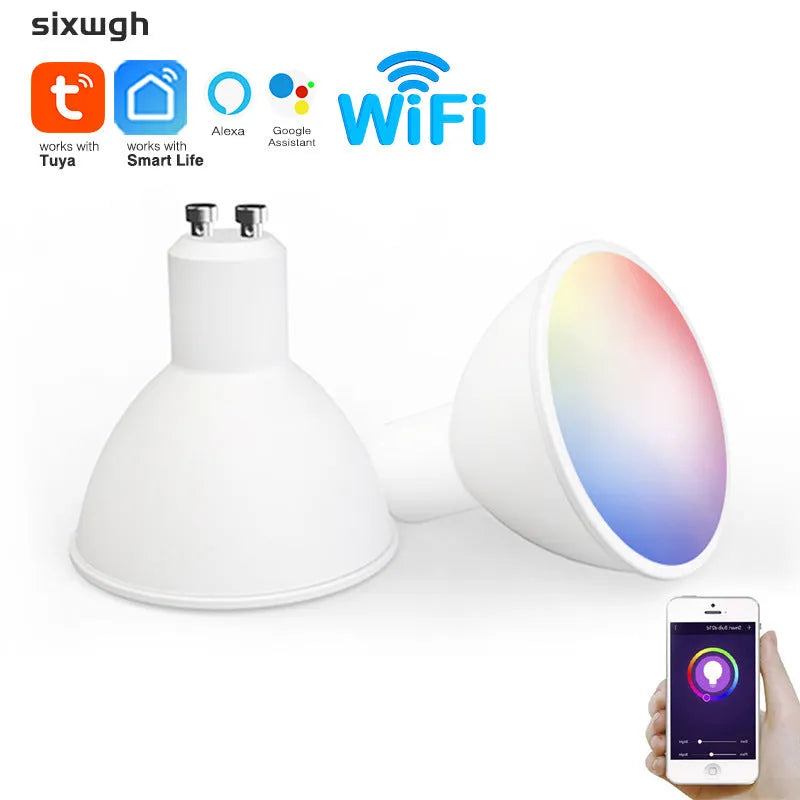 Smart RGBCCT colour-changing GU10 LED spotlight bulb with standard two-pin base.
