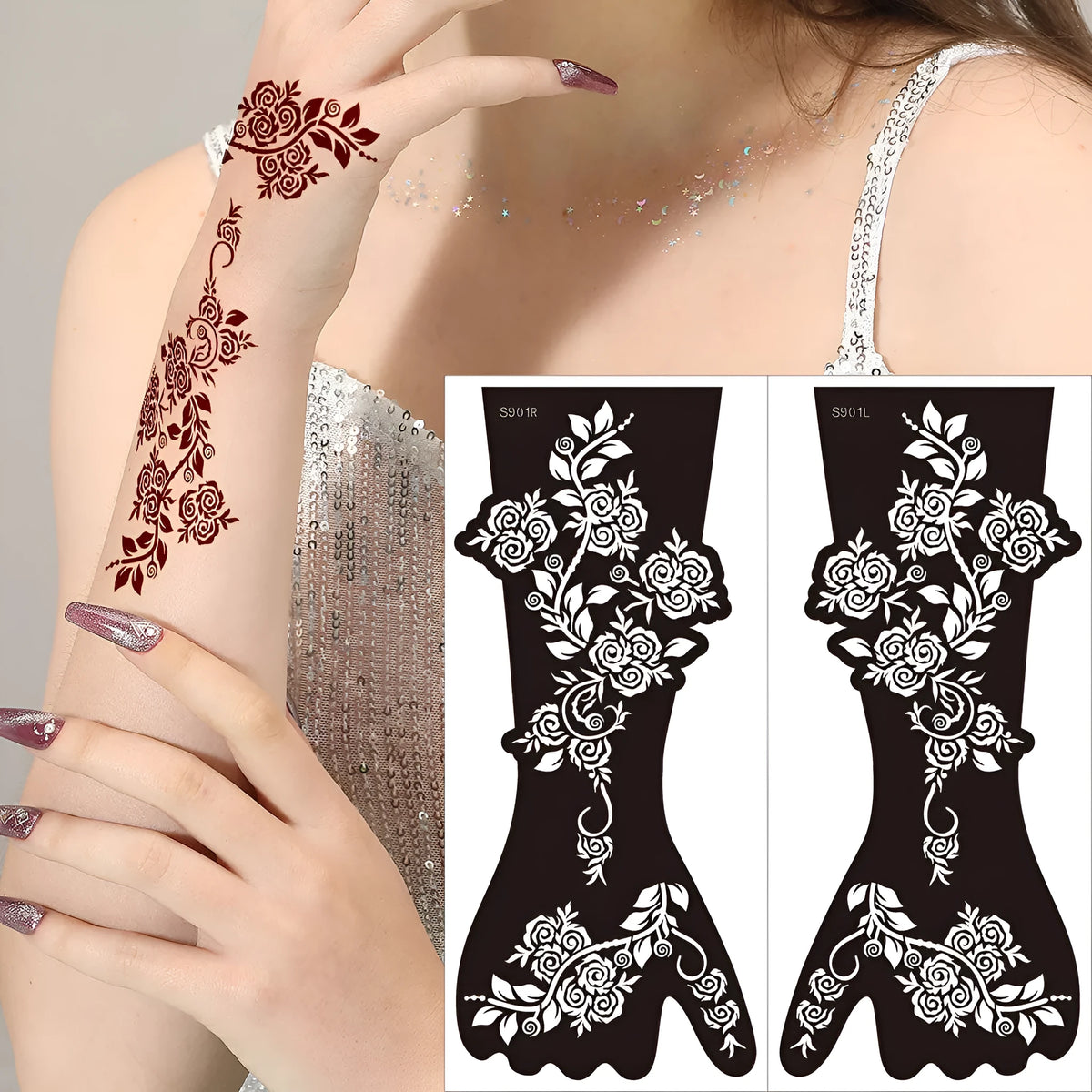 Geometric hollow tattoo template stickers showing 30 pattern variations with left and right designs