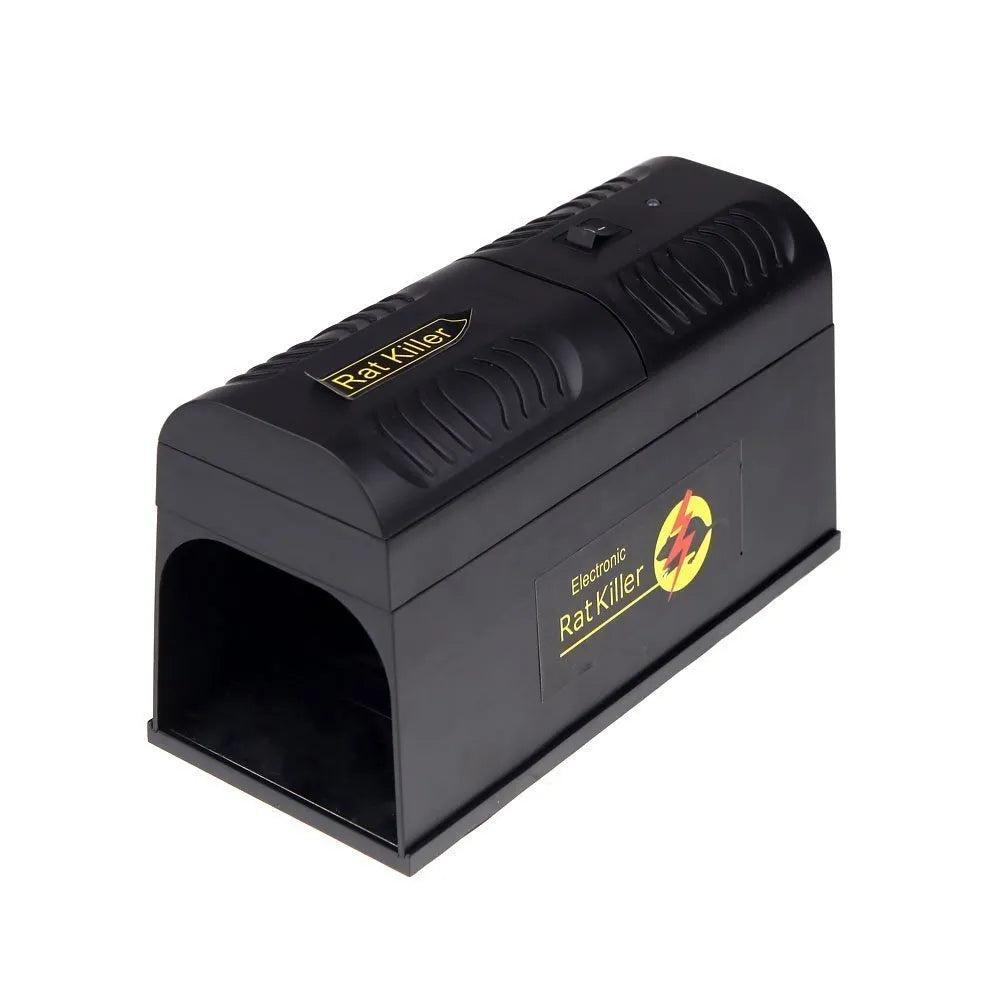Black high voltage electronic rodent killer unit with plug options for UK, EU, or US/Chinese electrical systems