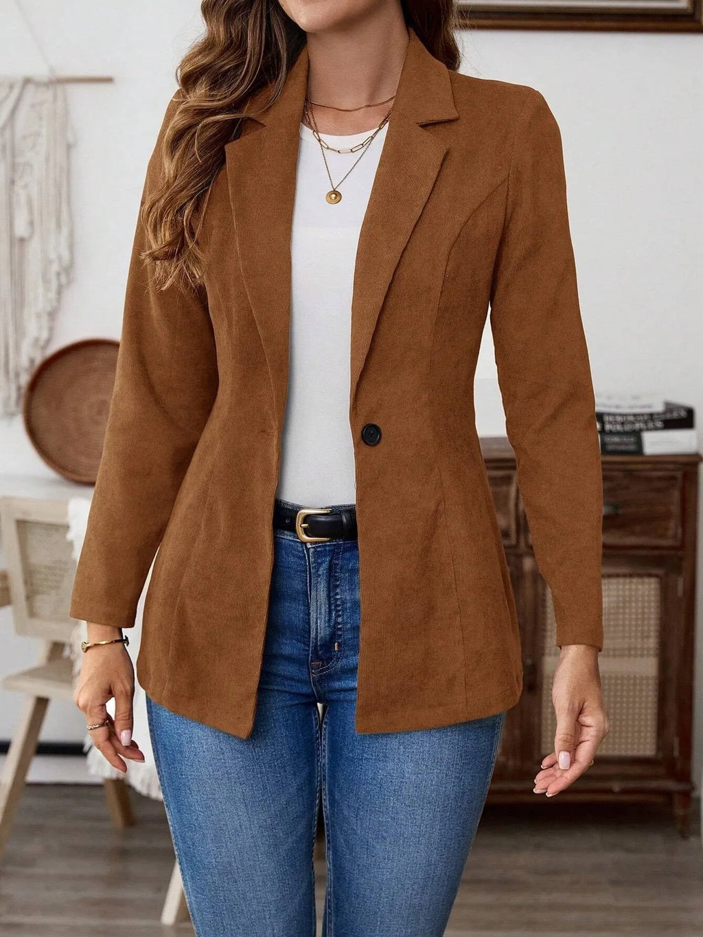 Brown men's single-breasted leisure suit coat with long sleeves available in sizes S M L XL