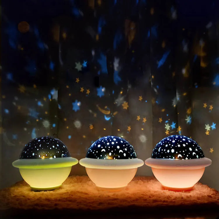 UFO-shaped starry sky projection night light in pink, white or green colour with plastic construction
