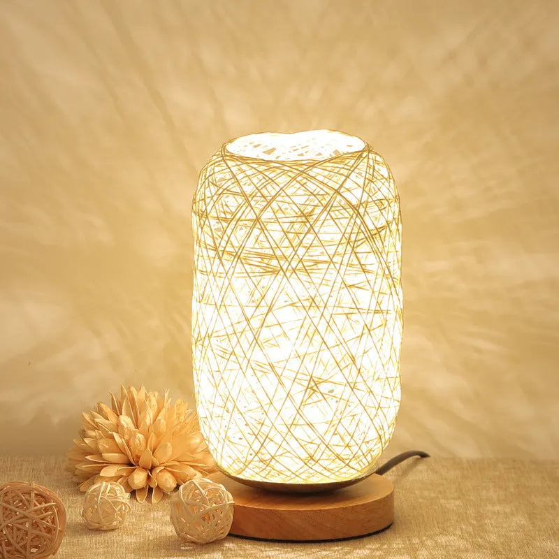 Brown hemp rope wrapped desk lamp with solid wood base and Sepak Takraw ball design