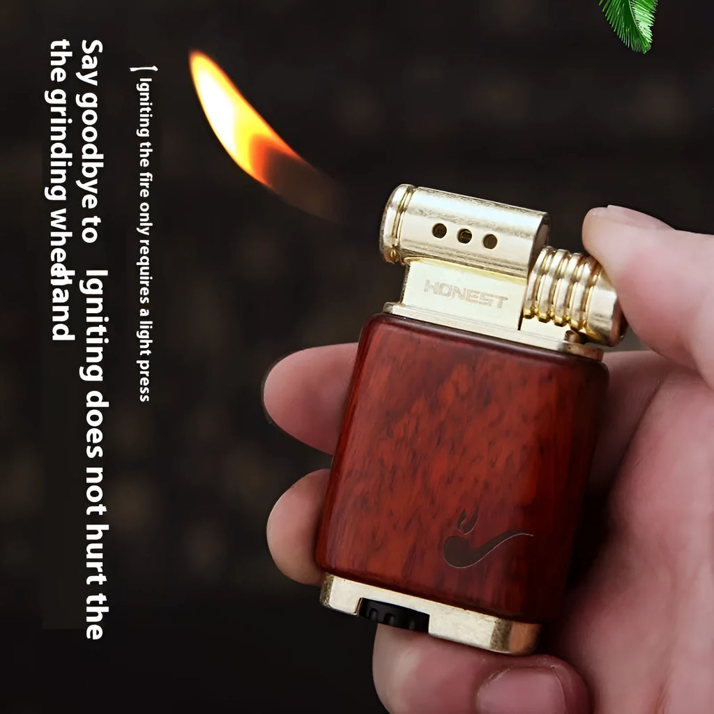 Decorative metal gas lighter in a choice of black wood, rosewood, or red wood finish.