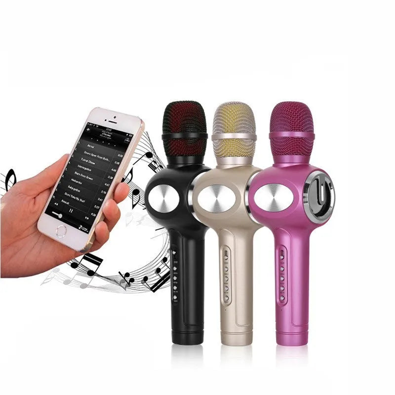 Yaerjia E108 mobile singing microphone in black, gold, or pink colour with smartphone connectivity