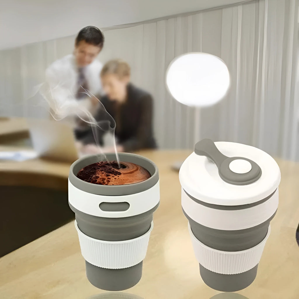 Green collapsible silicone travel mug showing expanded 350ml capacity and folded 6cm height