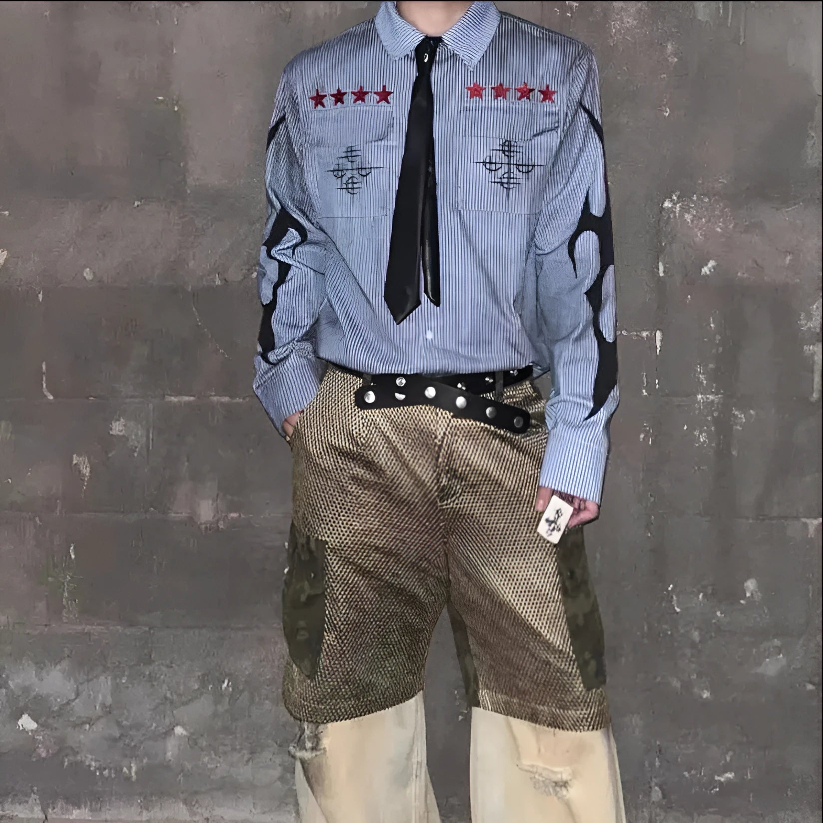Men's washed-out blue striped cotton shirt with lapel collar and long sleeves