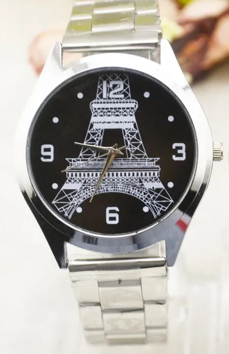 Eiffel Tower wrist watch with stainless steel case and adjustable metal strap showing Paris landmark design on dial