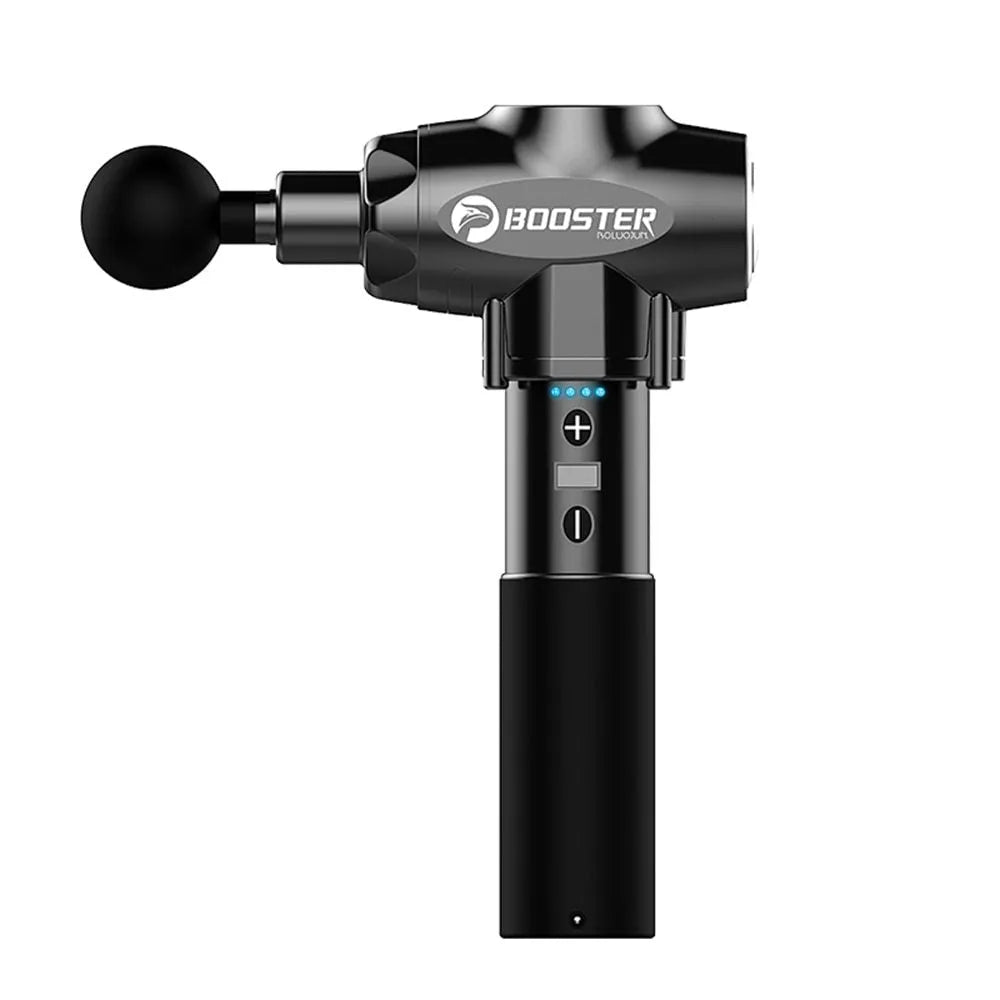 Black and white muscle massage gun with lithium battery and adjustable speed control