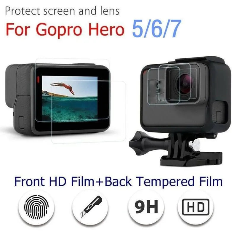 Transparent 9H tempered glass screen and lens protector films for GoPro Hero 5, 6, and 7 cameras.