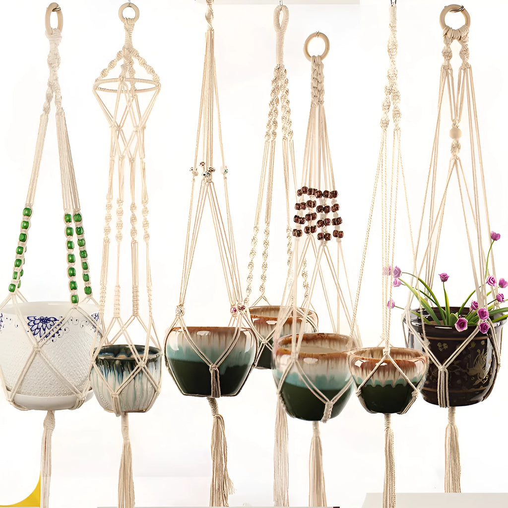 Woven wire plant basket with cotton rope construction in multiple hanging styles
