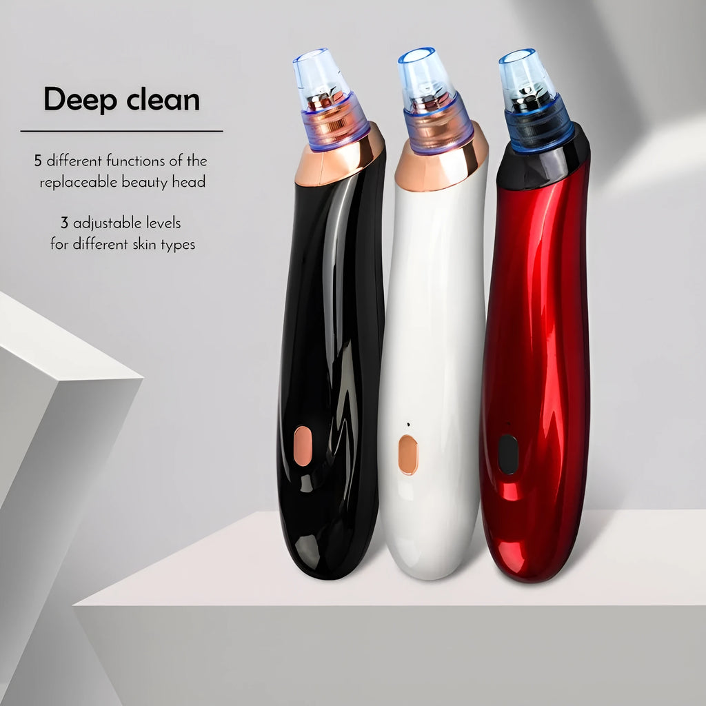 Handheld electric blackhead remover device with multiple nozzle heads in black colour