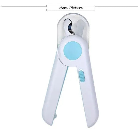 LED pet nail clipper in blue or pink, 150x43x20mm, plastic and stainless steel, for trimming pet nails