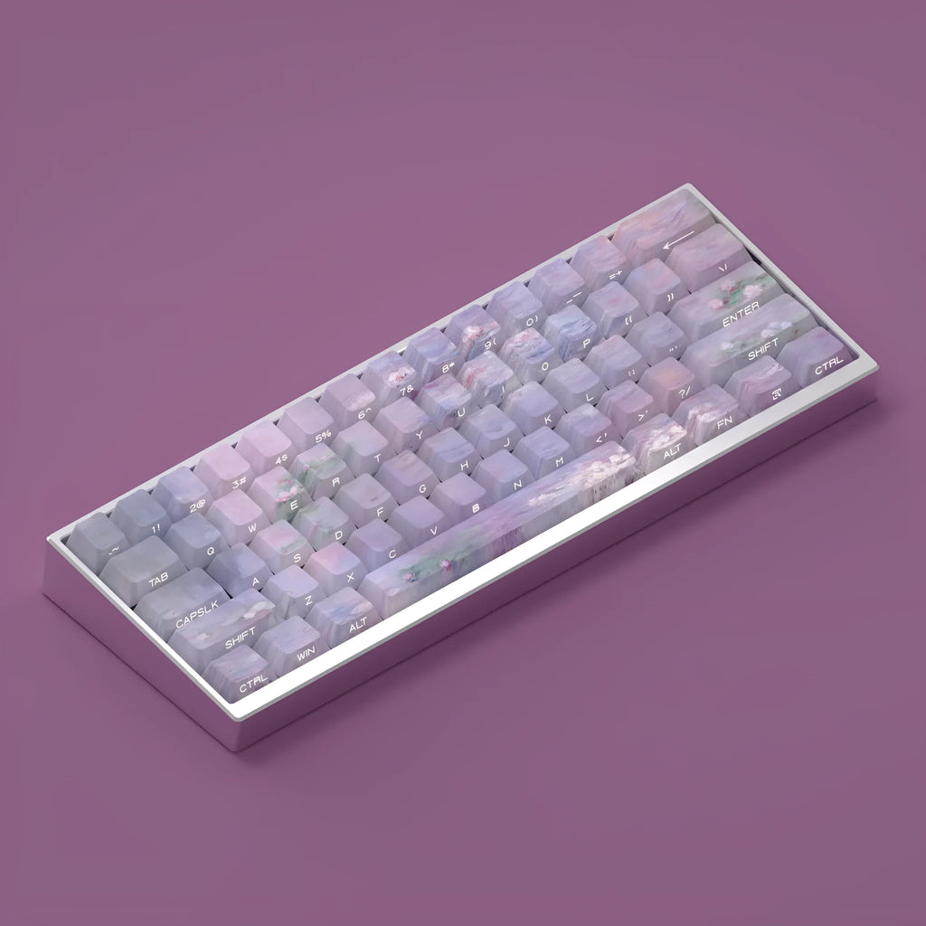 Water lily themed PBT mechanical keyboard keycap set with 130 keys and side-carved transparent characters.
