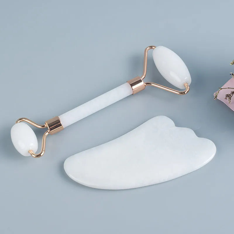 White jade facial roller set with double-headed roller and scraping board for massage