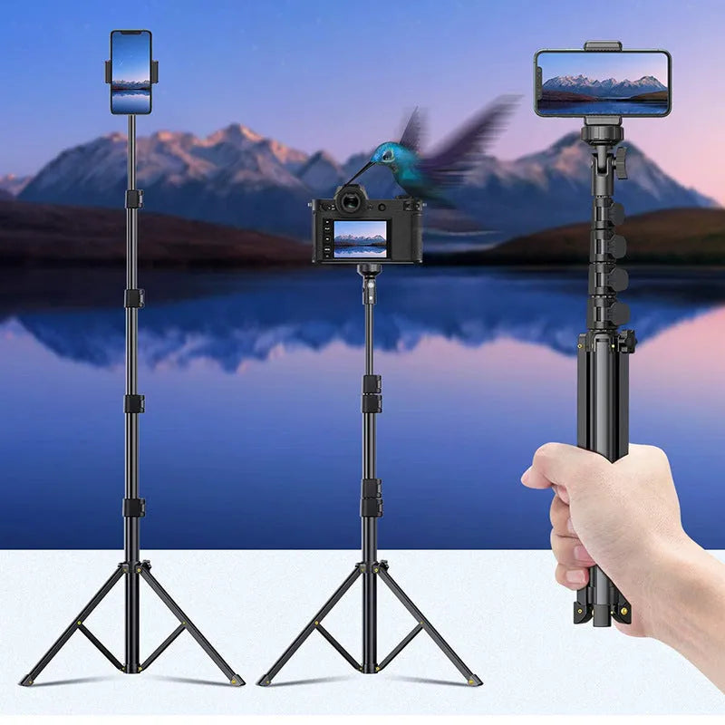 Black aluminium selfie stick tripod extended to full height with smartphone attached