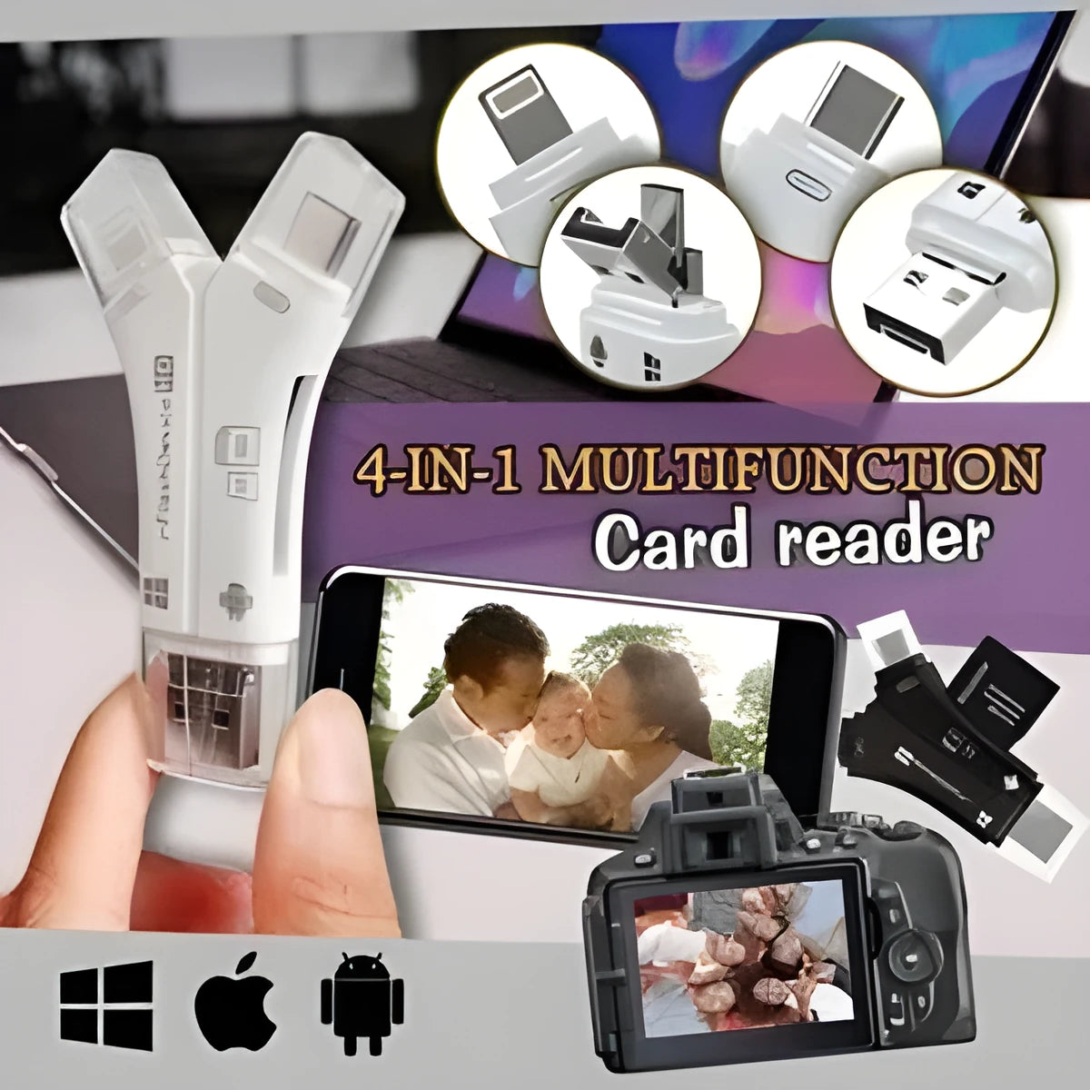 White 4-in-1 mobile phone card reader for Apple iPhone and Android devices with SD and MicroSD slots