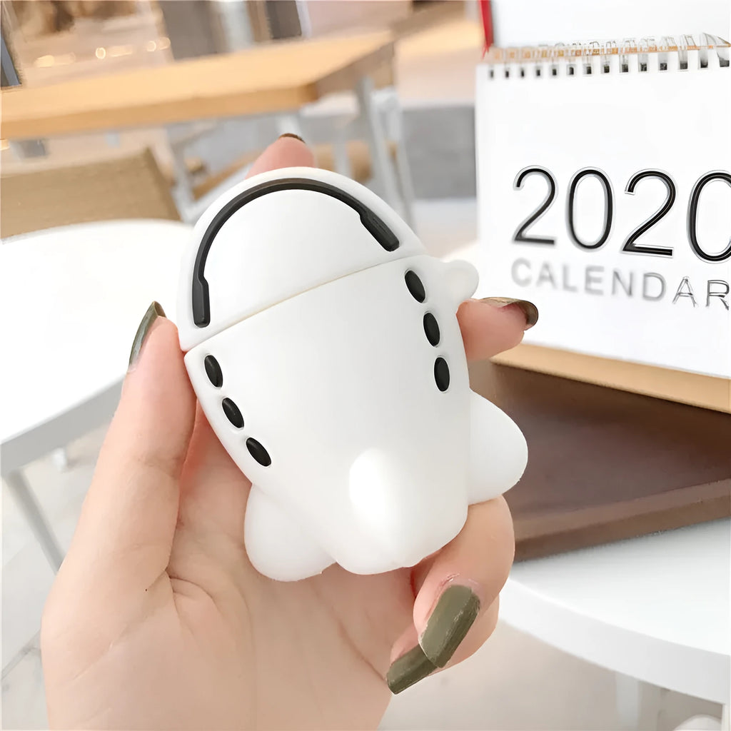 Silicone flip case for AirPods 1 and 2 with cartoon aeroplane design and attached hook