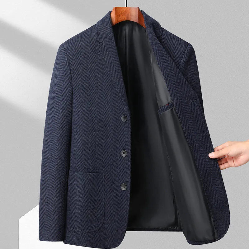 Man wearing a loose-fit solid colour wool blend casual coat for spring or autumn.