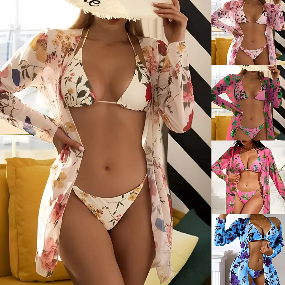 Women's floral printed mesh cover-up blouse over a swimsuit, part of a three-piece beachwear set.