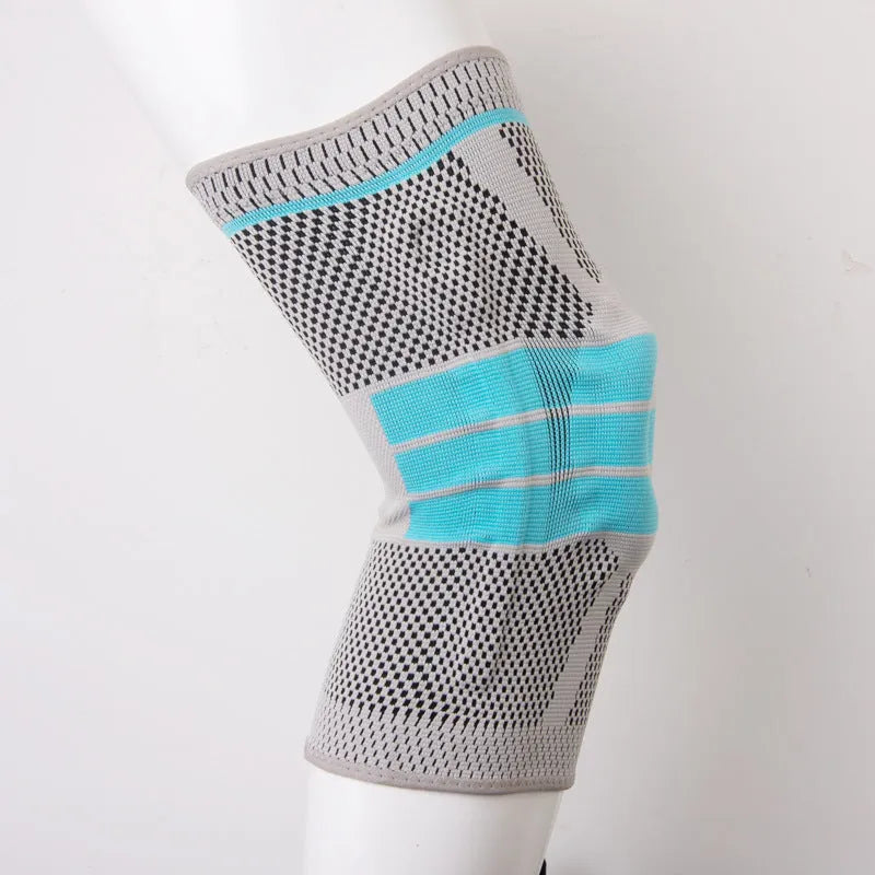 Sky blue elastic fibre silicone knee pads for running and basketball protection in S, M, L, XL sizes