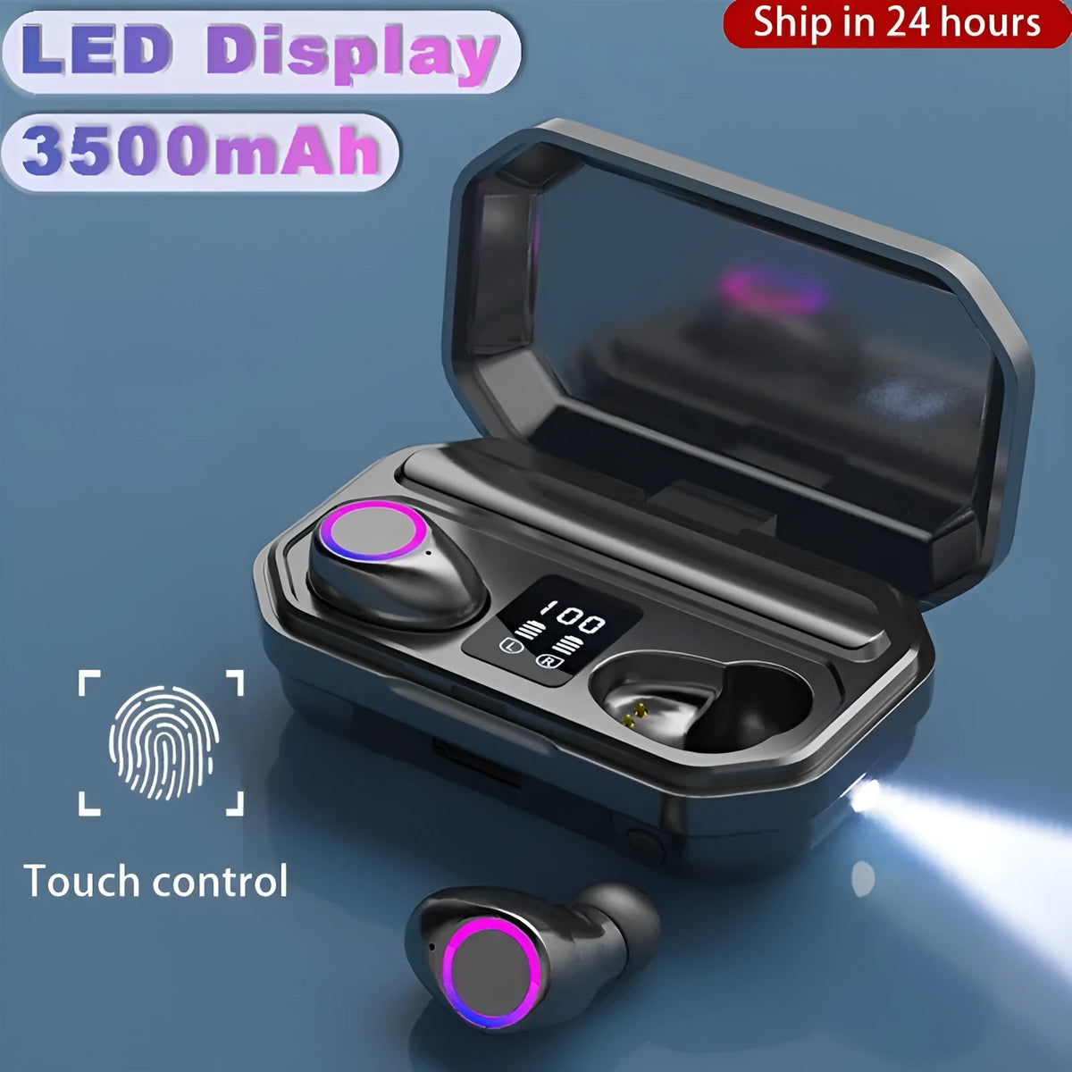 Black wireless Bluetooth earbuds with charging case showing LED battery display