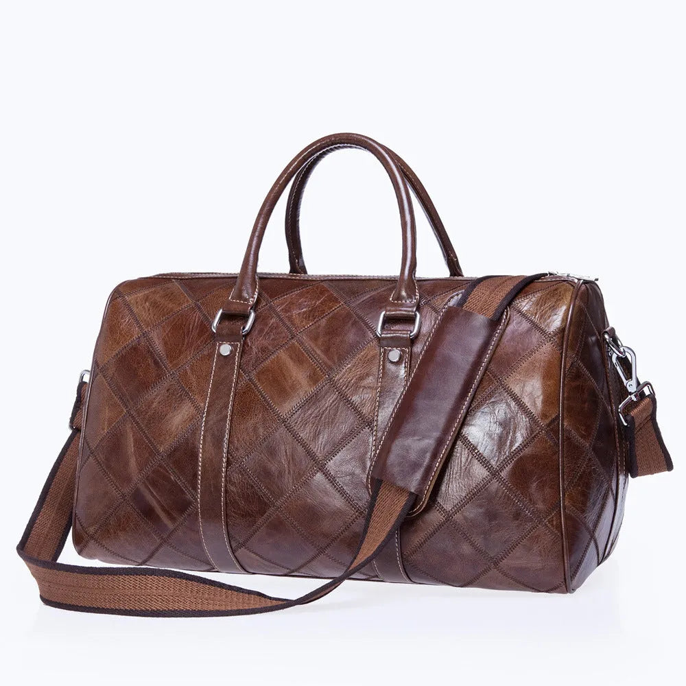 Men's vintage duffel bag in top layer cowhide leather with single strap and internal compartments