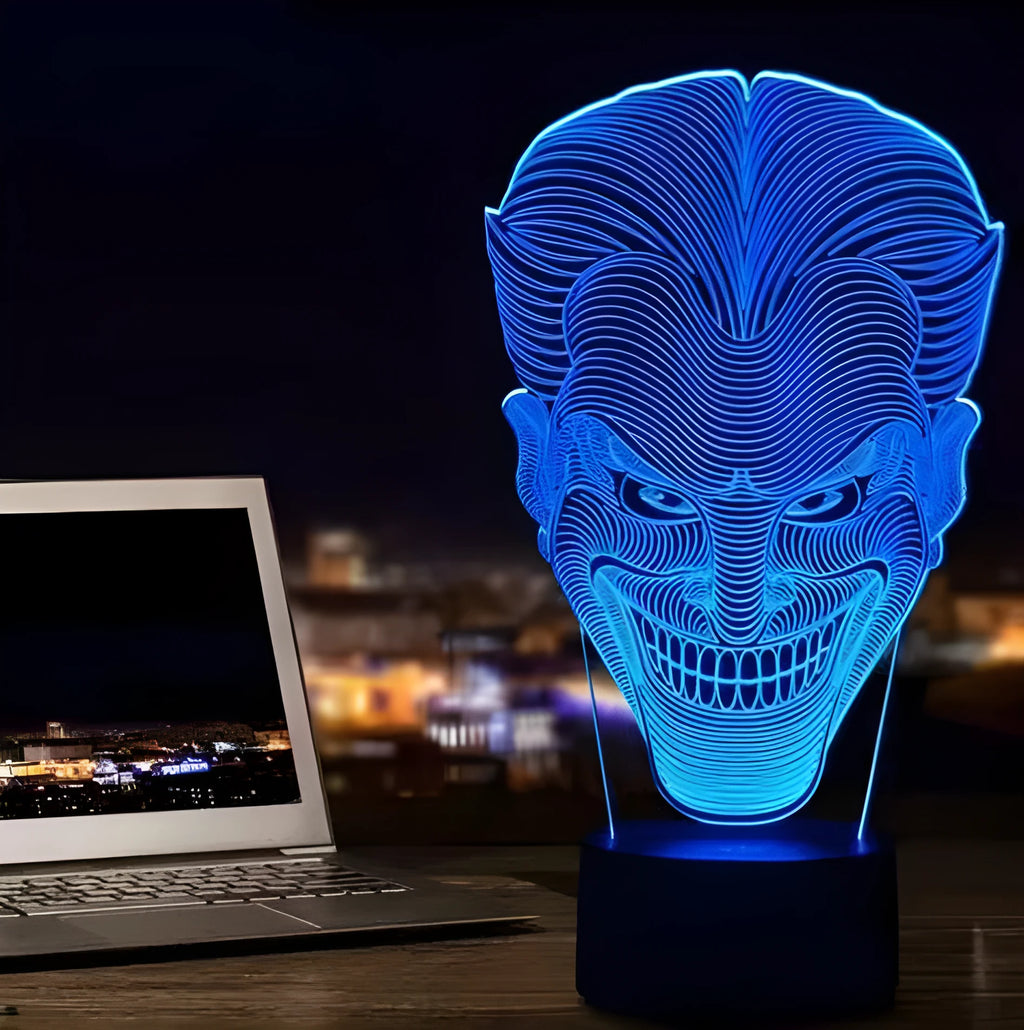 USB 3D LED lamp with acrylic plate showing multiple colour lighting options on black base