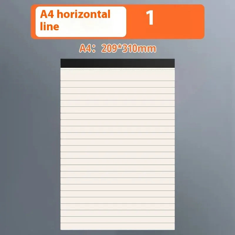 A5, B5, and A4 writing pads showing horizontal line, grid, and blank ruling options with 80 wood-free paper sheets