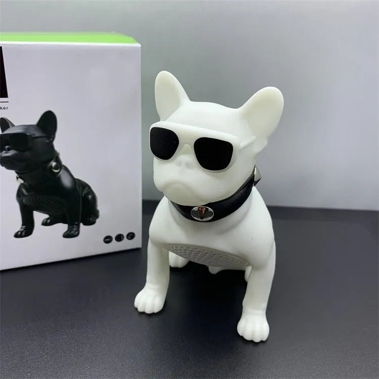 Mini portable Bluetooth speaker shaped like a bulldog in black, red, or white.