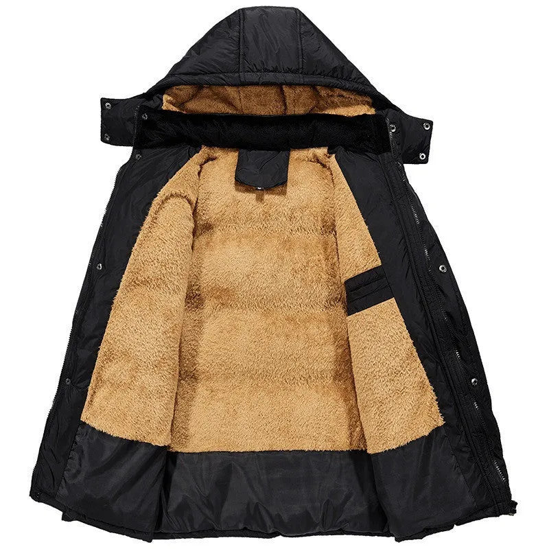 Men's black hooded winter jacket with velvet padding and double-breasted design