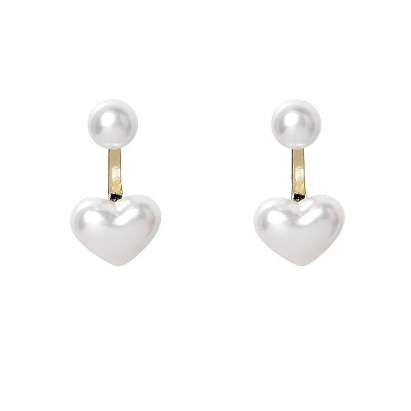 Heart-shaped pearl stud earrings with artificial gemstone accents on electroplated alloy settings