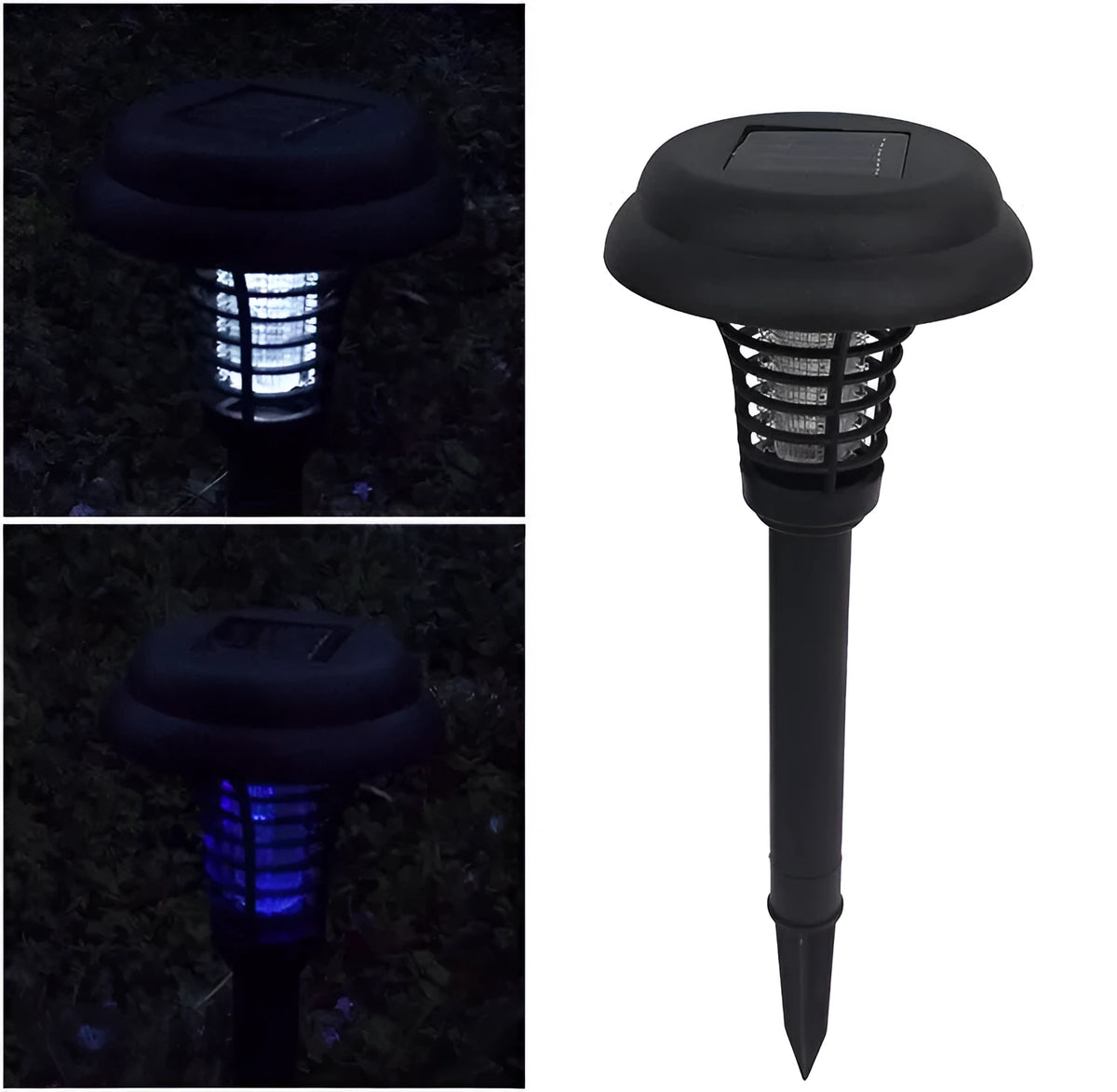 Black solar powered insect killing mosquito lawn lamp with white and purple light LEDs in a garden setting.