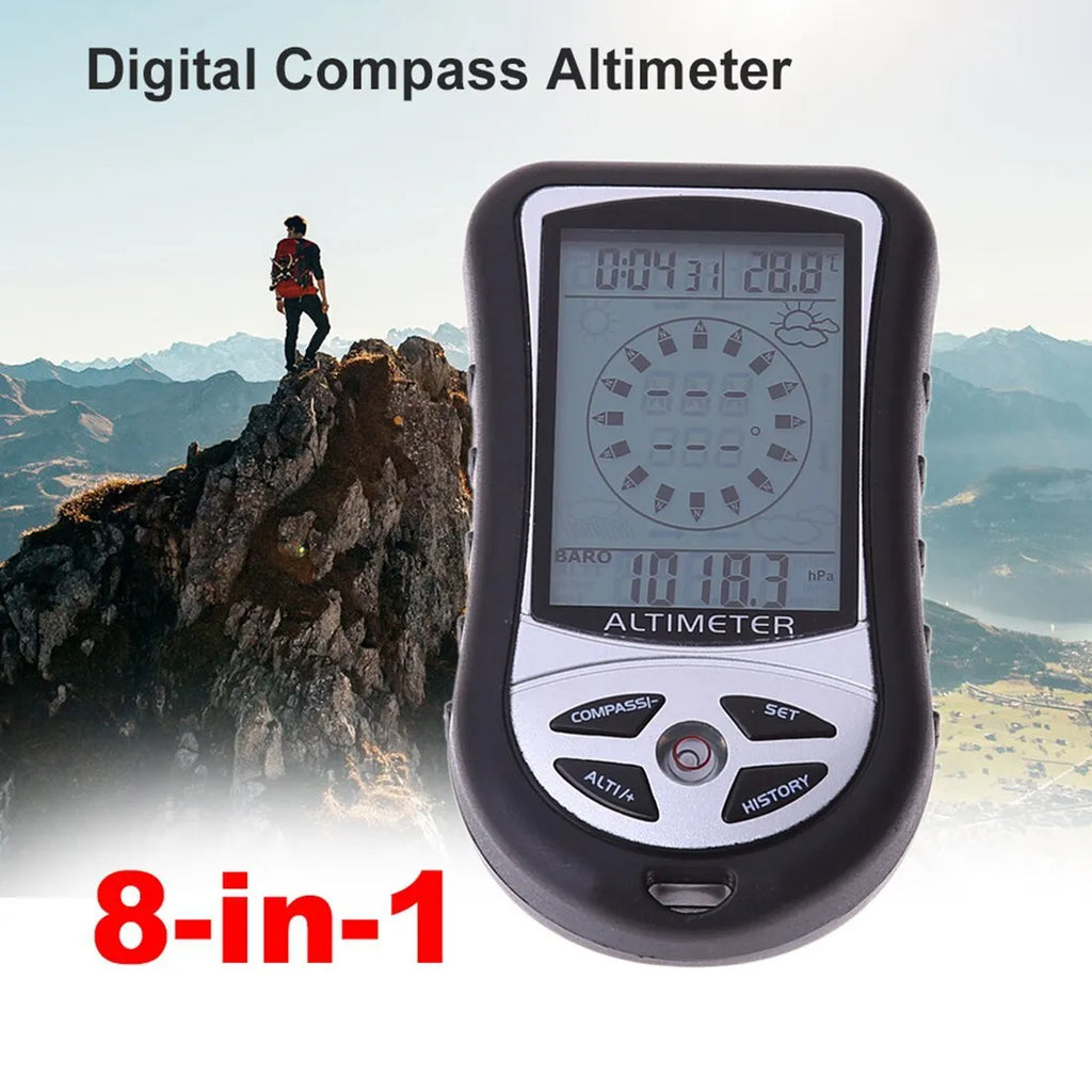 8-in-1 handheld digital altimeter, barometer, compass and thermometer, ABS body 90x50x20mm, detachable string