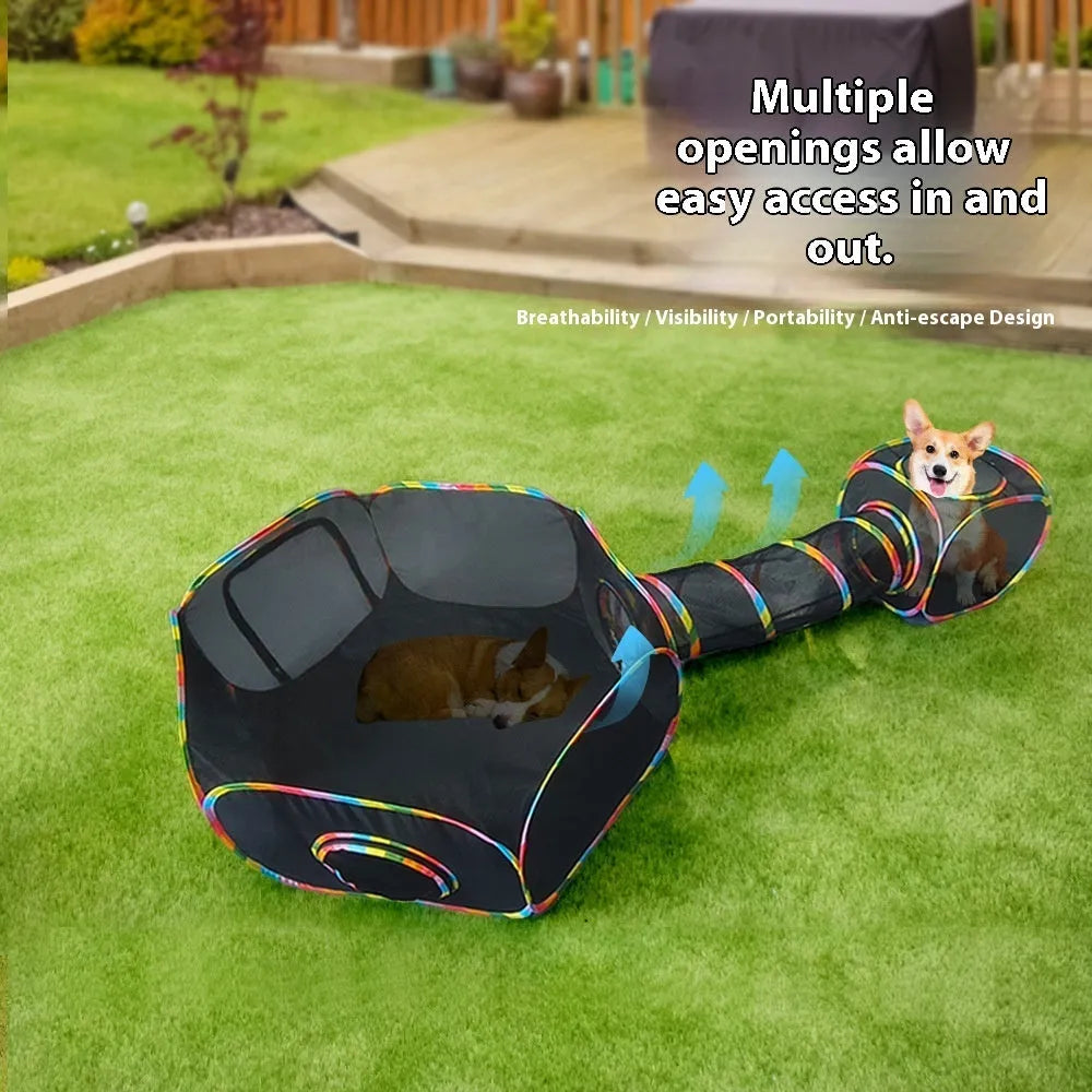 Foldable mesh cat roll cage showing hexagonal, tee and tent style options for pet play and containment