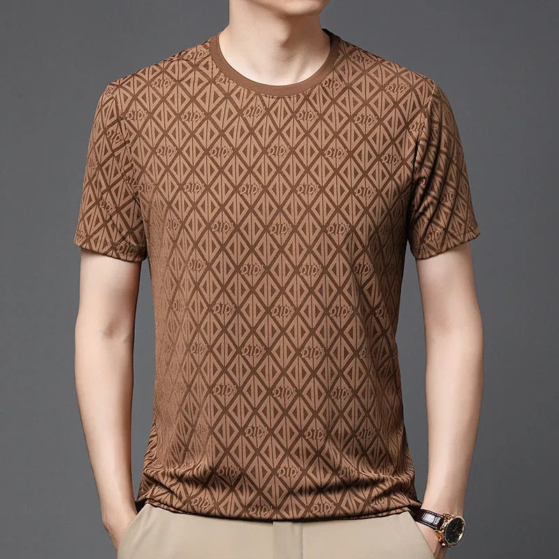 Man wearing a loose-fit solid colour ice silk short sleeve t-shirt with a round neck.