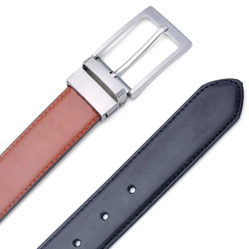 Men's brown and black genuine leather belt with rotating alloy pin buckle showing length adjustment