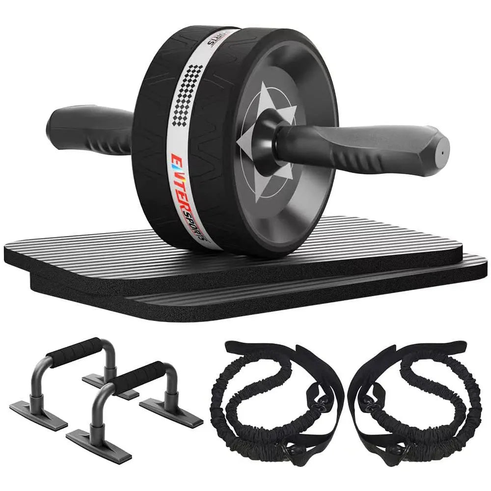 Seven abdominal wheels with push-up brackets in red, green, black, and blue colours for indoor fitness equipment