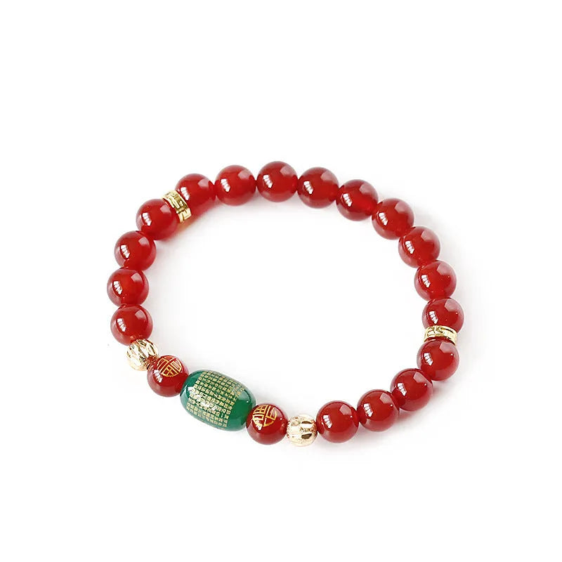 Adjustable unisex Guanyin agate bracelet with auspicious patterns, shown in green and red stone options.