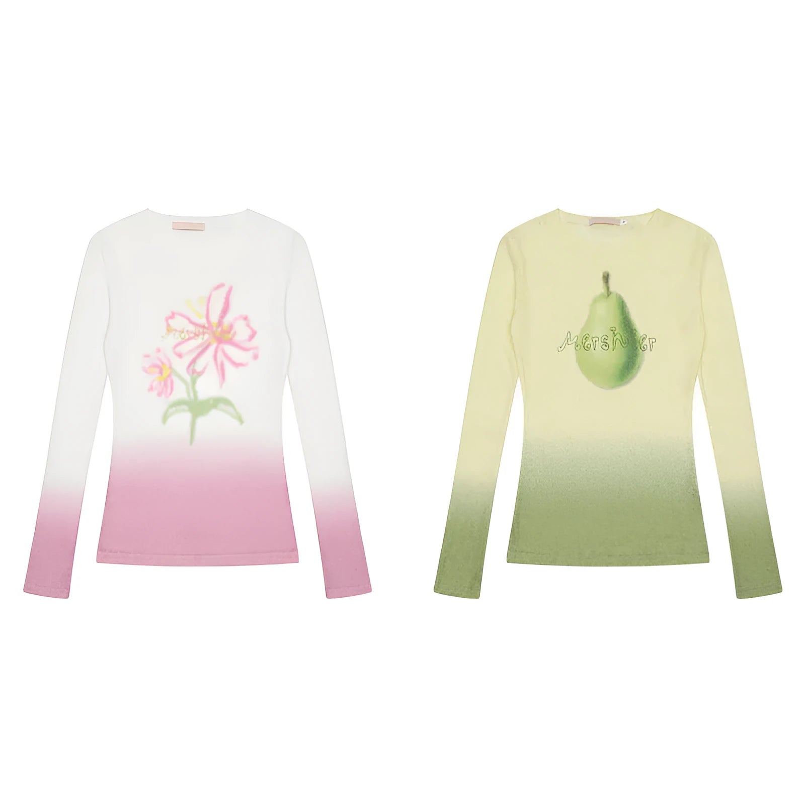 Women's long sleeve T-shirt with gradient floral print in light pink or yellow green colour options