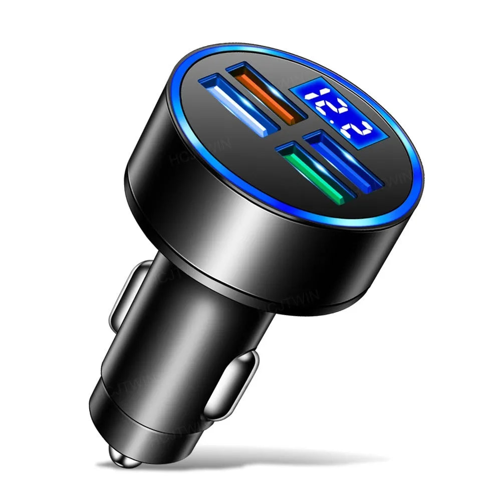 Black four-port USB car charger with cigarette lighter plug