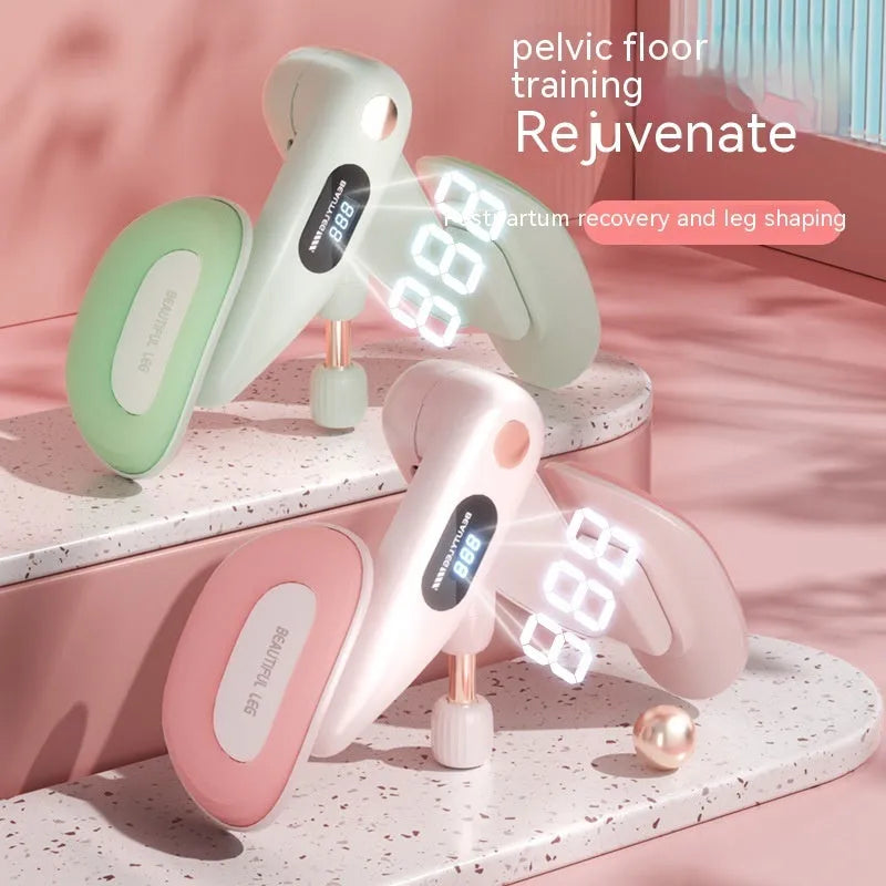Pelvic floor muscle trainer counter device for Kegel exercises in blue, grey, green, and pink colours