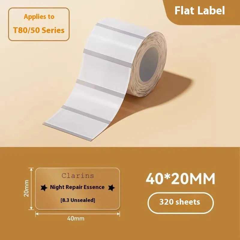Sheet of transparent waterproof adhesive labels showing rectangular and round sizes on thermal synthetic paper.