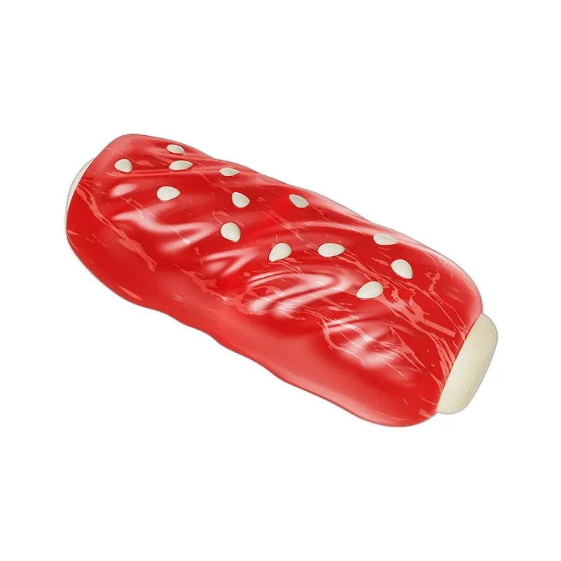 Primary colour plastic dog chew toy shaped like molar rod with bristle-textured surface