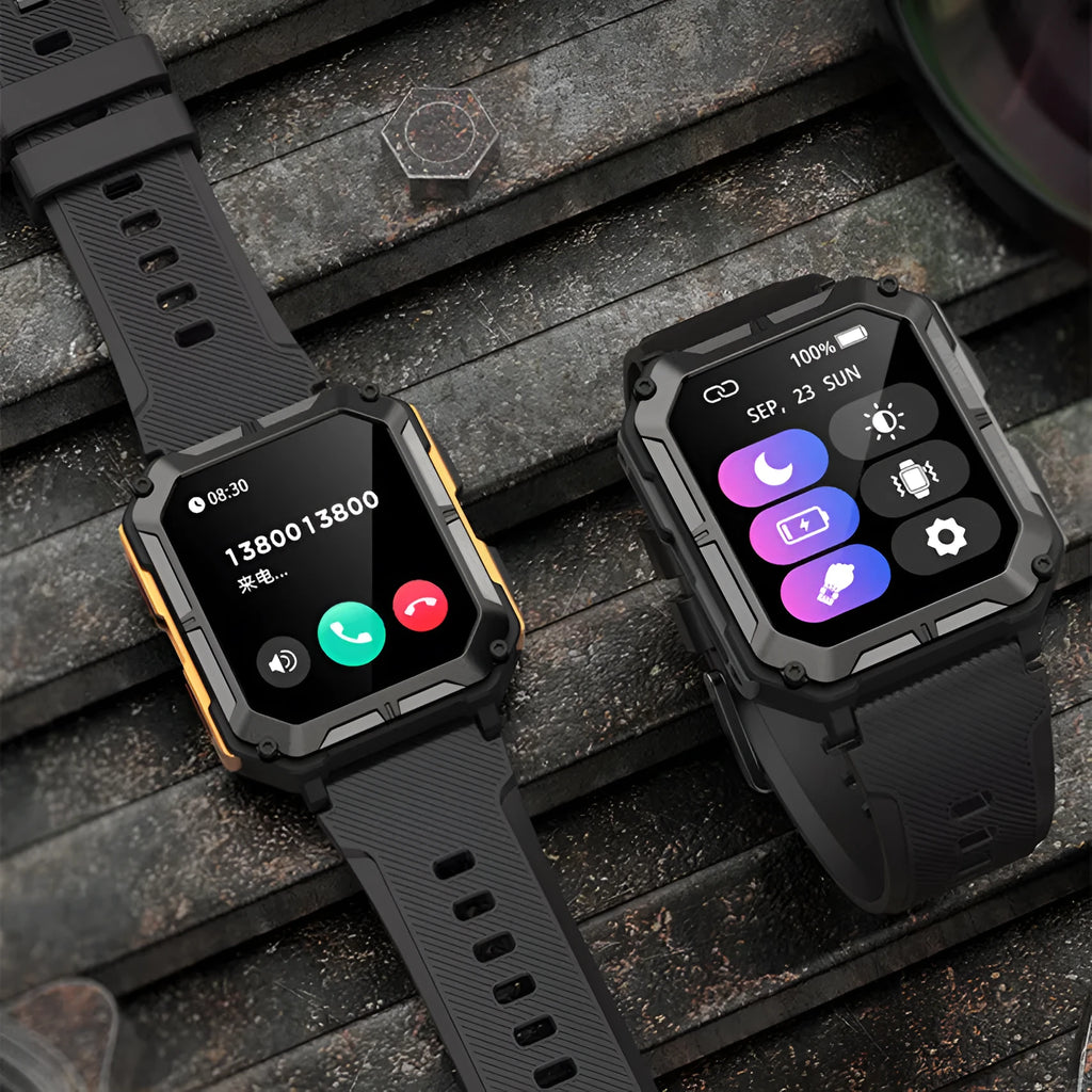 Square dial smart watch with aluminium alloy case and silicone strap showing Bluetooth calling function