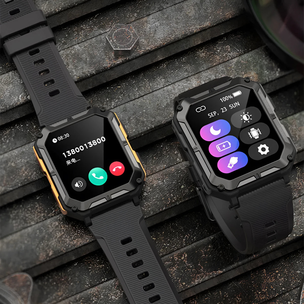 Square dial smart watch with aluminium alloy case and silicone strap showing Bluetooth calling function