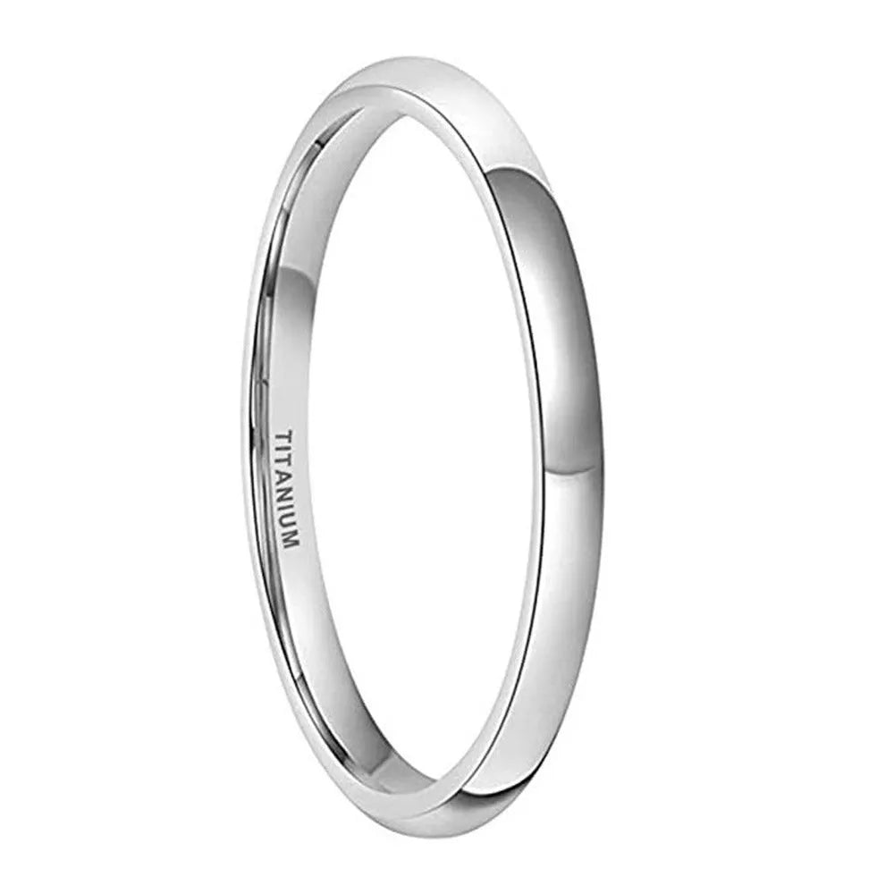 Polished silver titanium steel unisex ring showing 2mm 4mm 6mm width options with US sizing