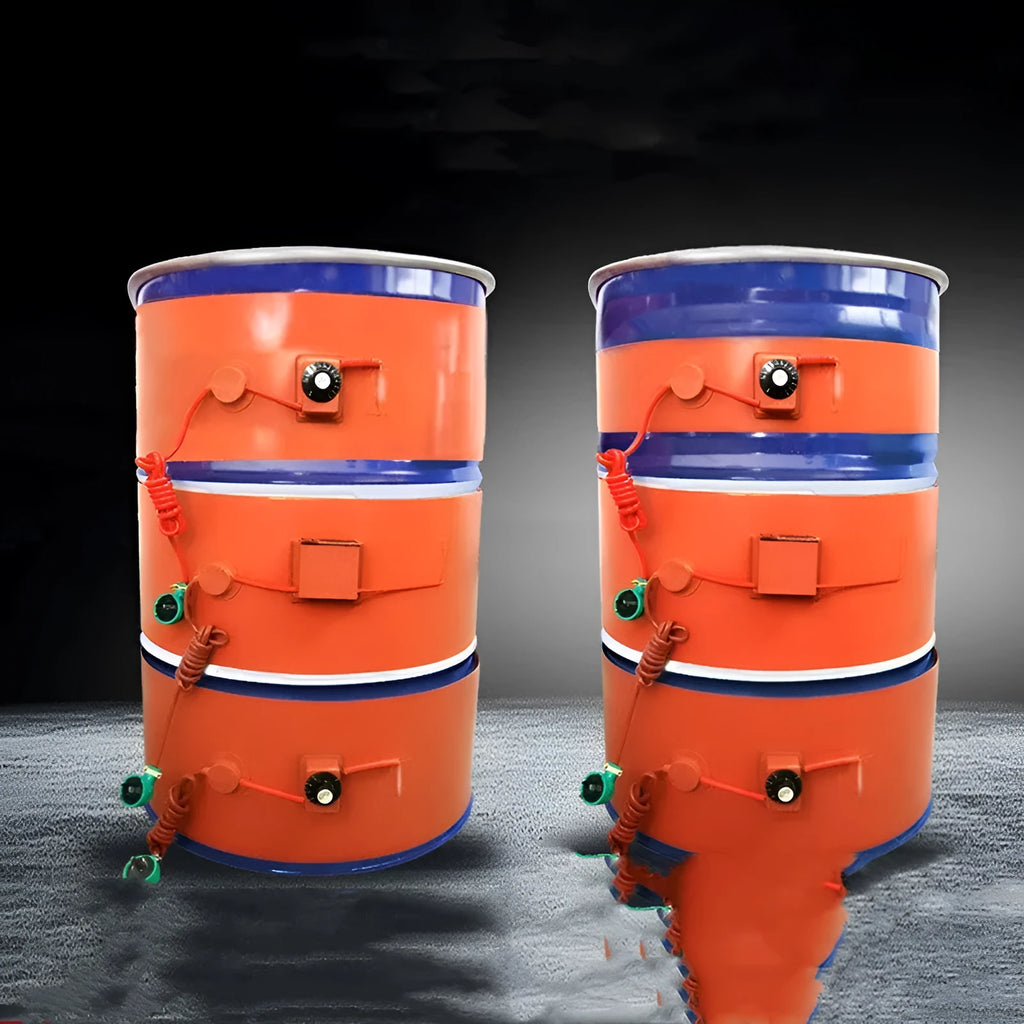 Silicone heating belt wrapped around a 200-litre oil drum with digital display controller and US plug.