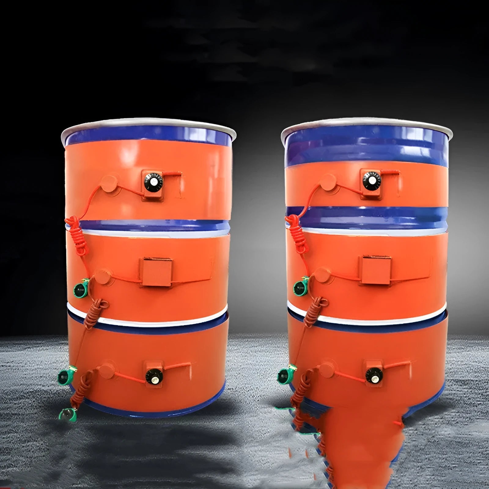 Silicone heating belt wrapped around a 200-litre oil drum with digital display controller and US plug.